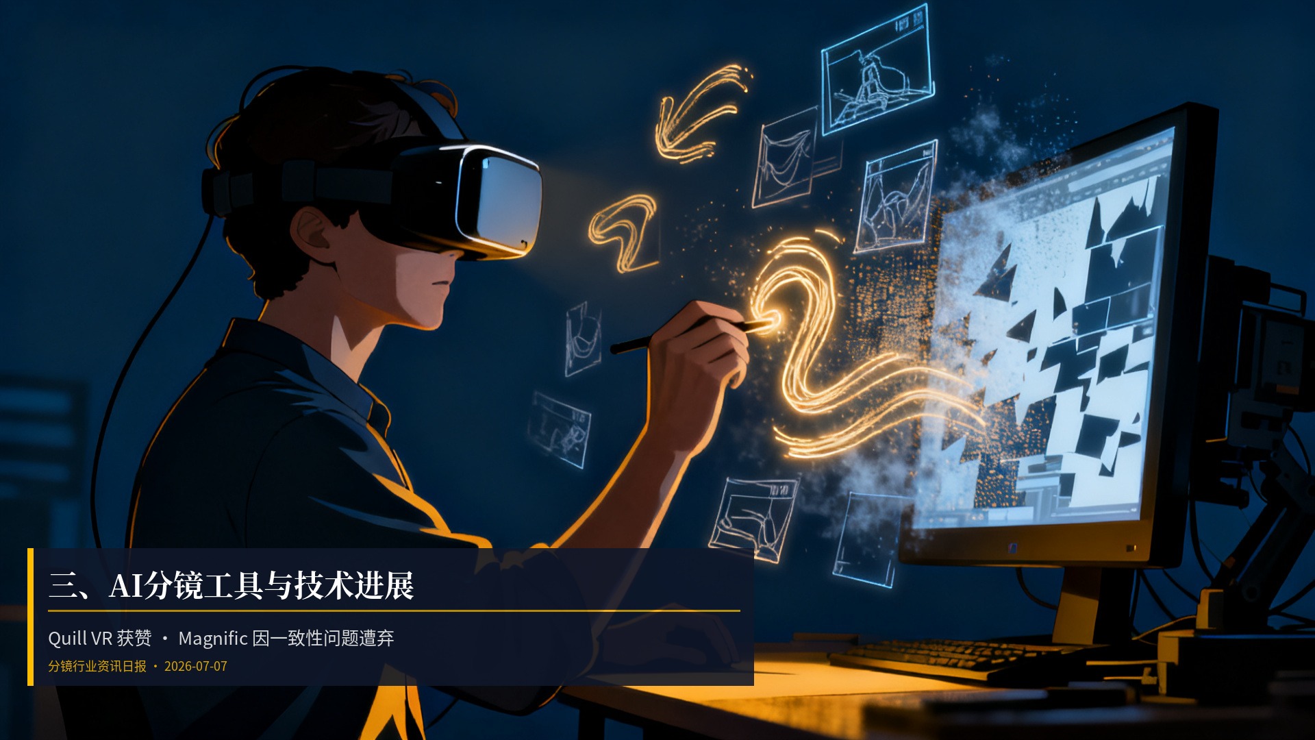 三、AI分镜工具与技术进展 · Quill VR 获赞 · Magnific 因一致性问题遭弃