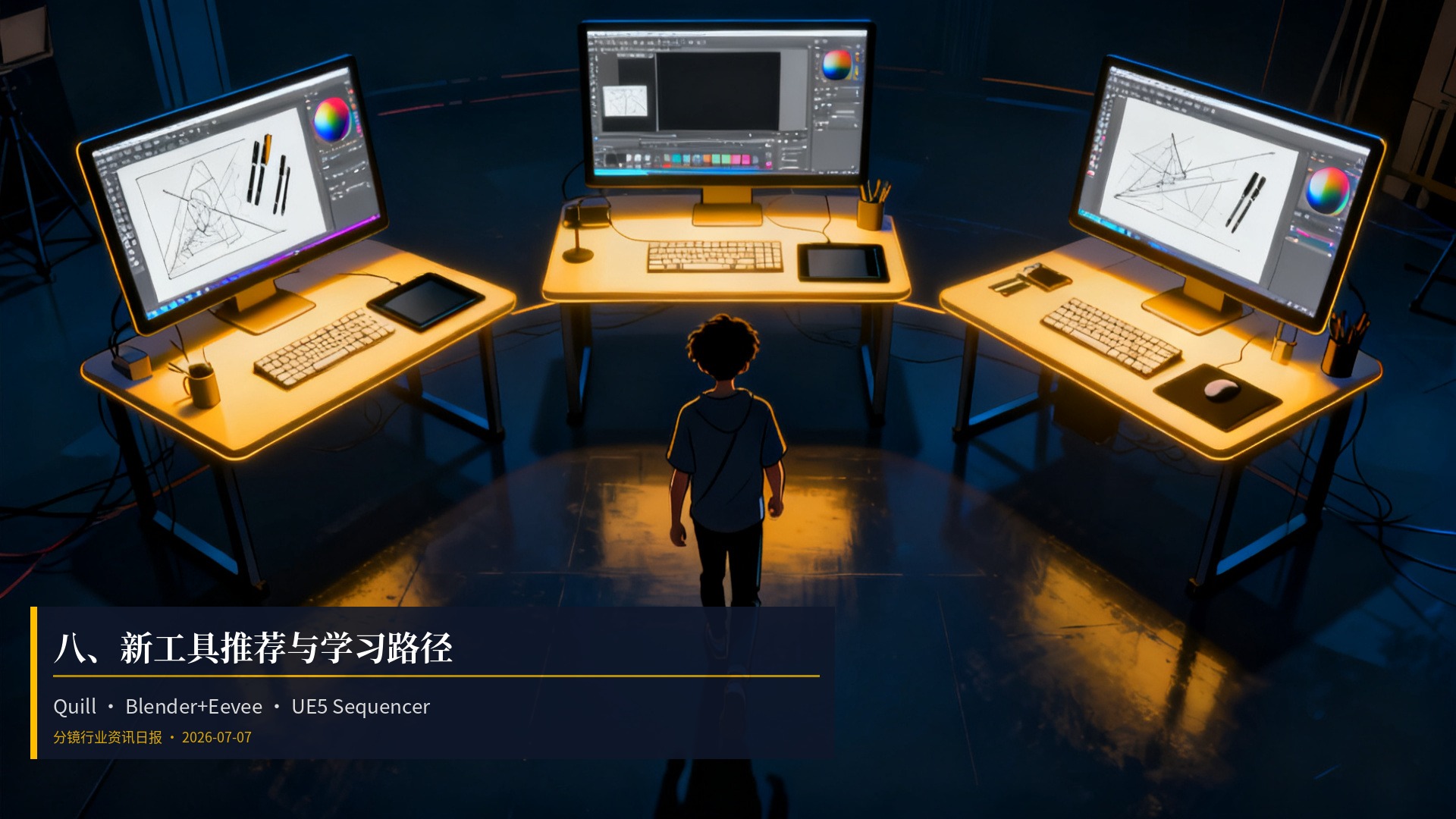 八、新工具推荐与学习路径 · Quill · Blender+Eevee · UE5 Sequencer